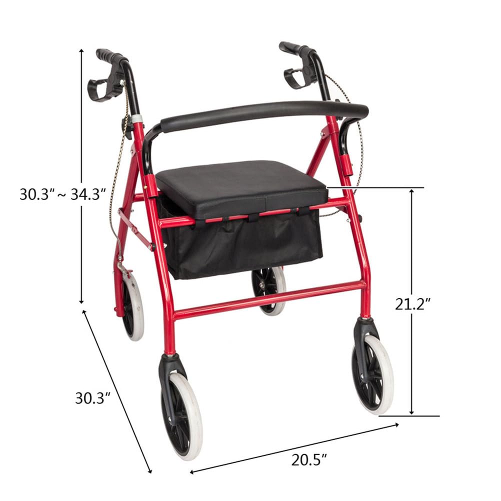 Lightweight Foldable Steel Rollator Walker with Seat, 8" Wheels, Red W261855