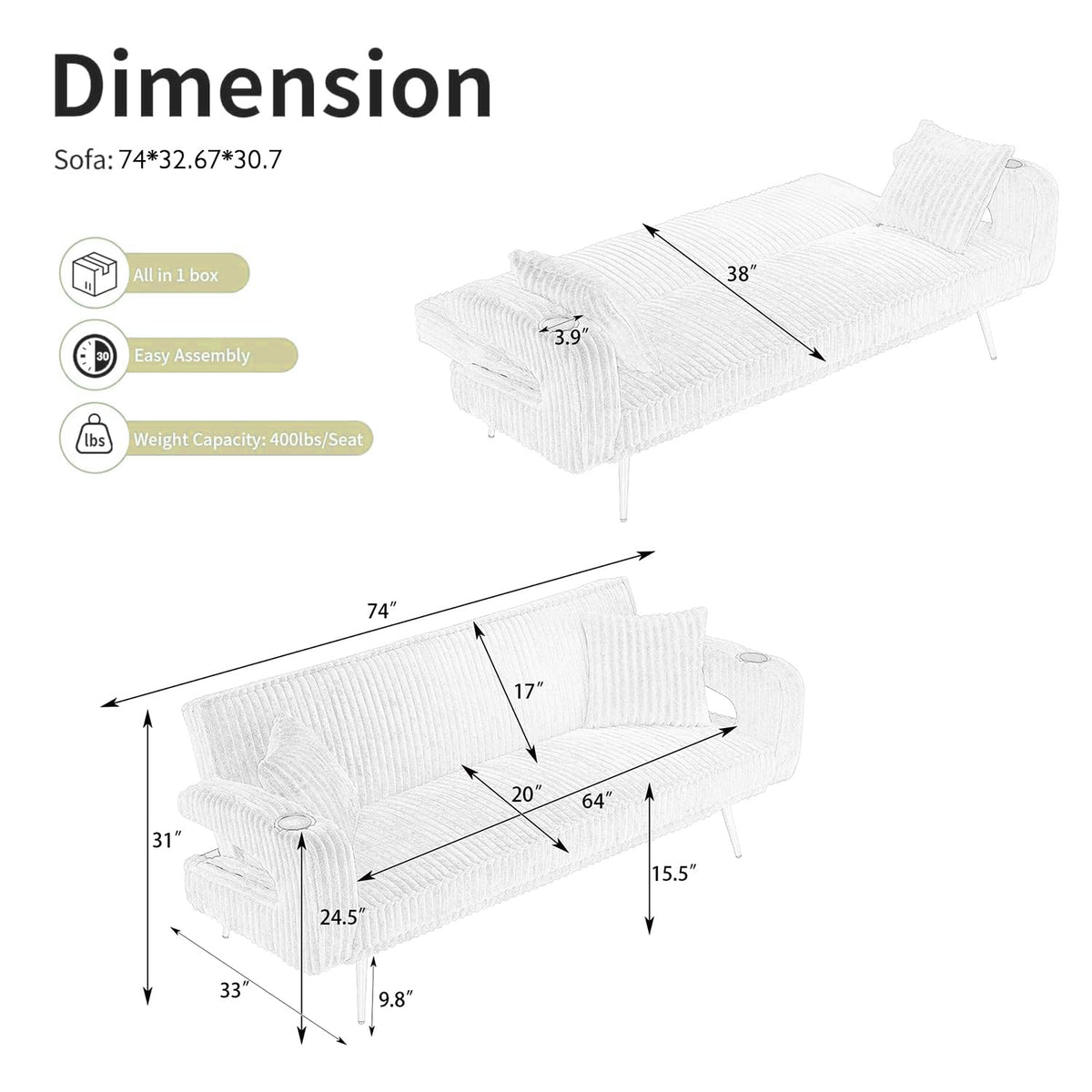 Orange Velvet Convertible Sofa Bed I736
