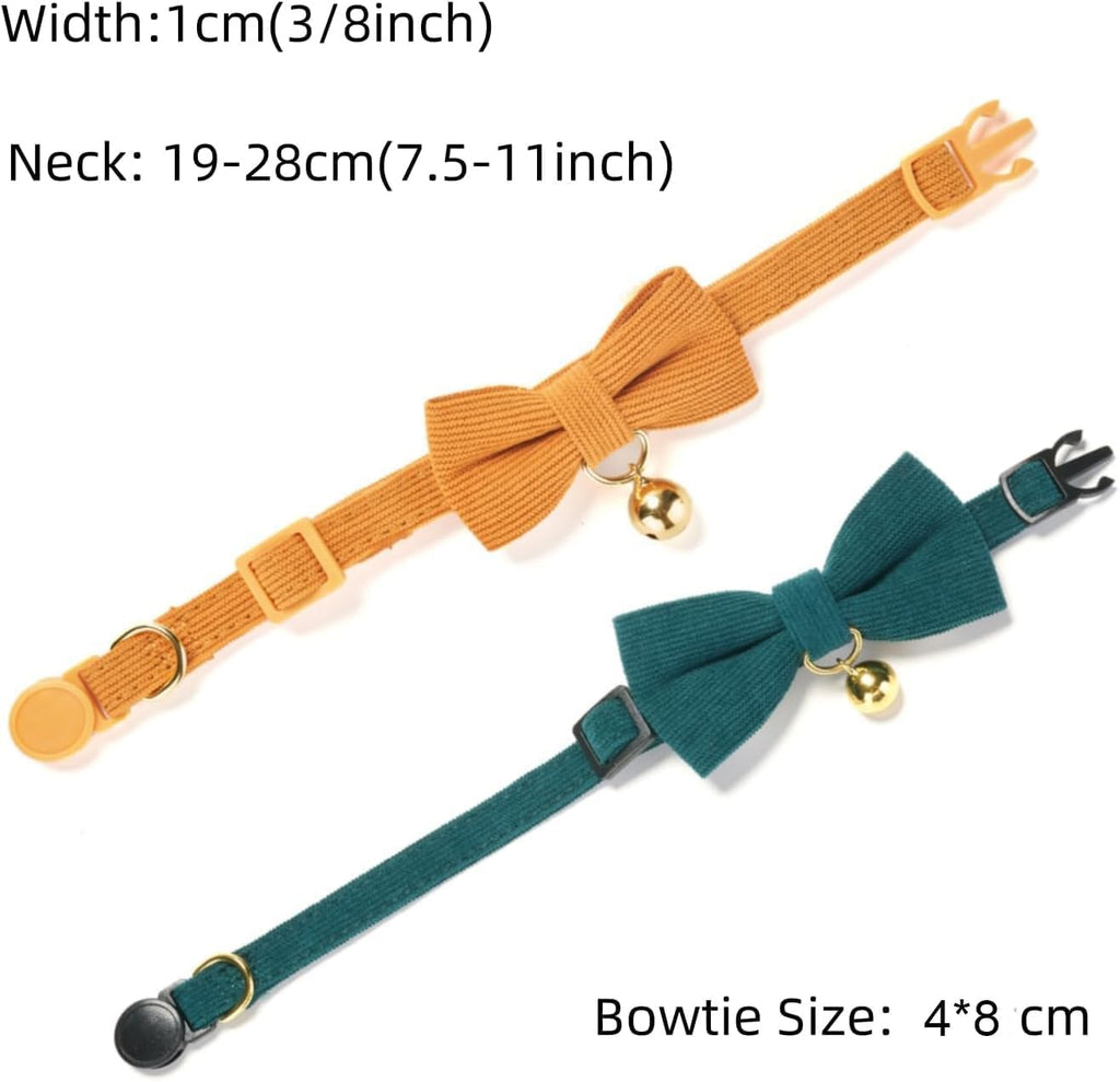 2 Pack Soft Corduroy Cat Collars with Bow Tie & Bell P8882