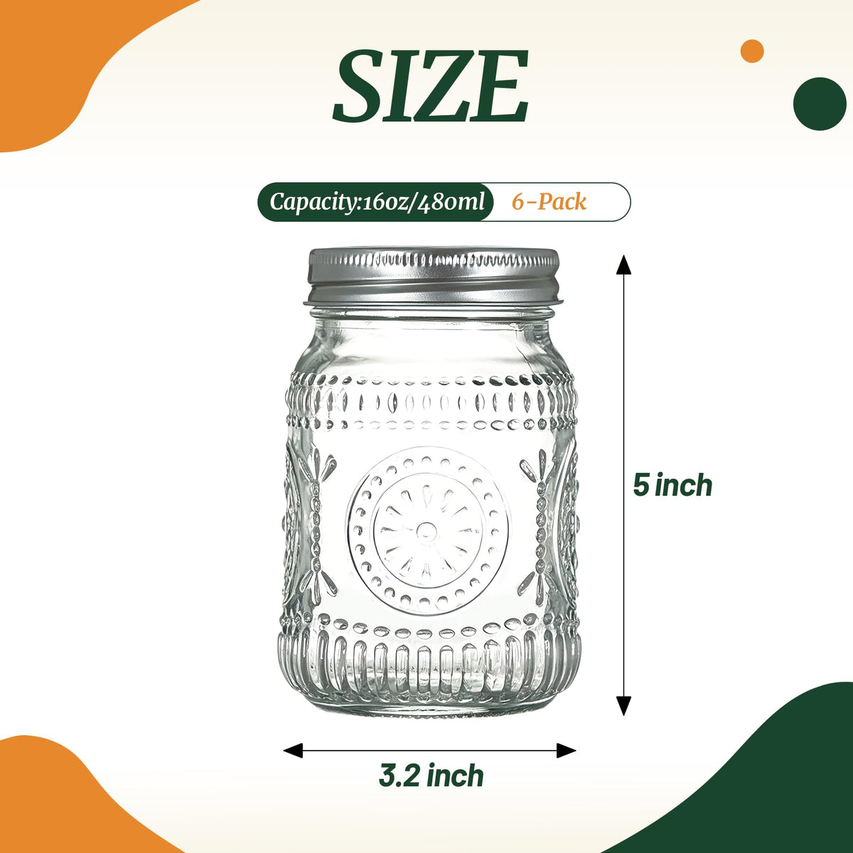 6-Pack Glass Mason Jars 16 oz Wide Mouth Canning Jars H75007
