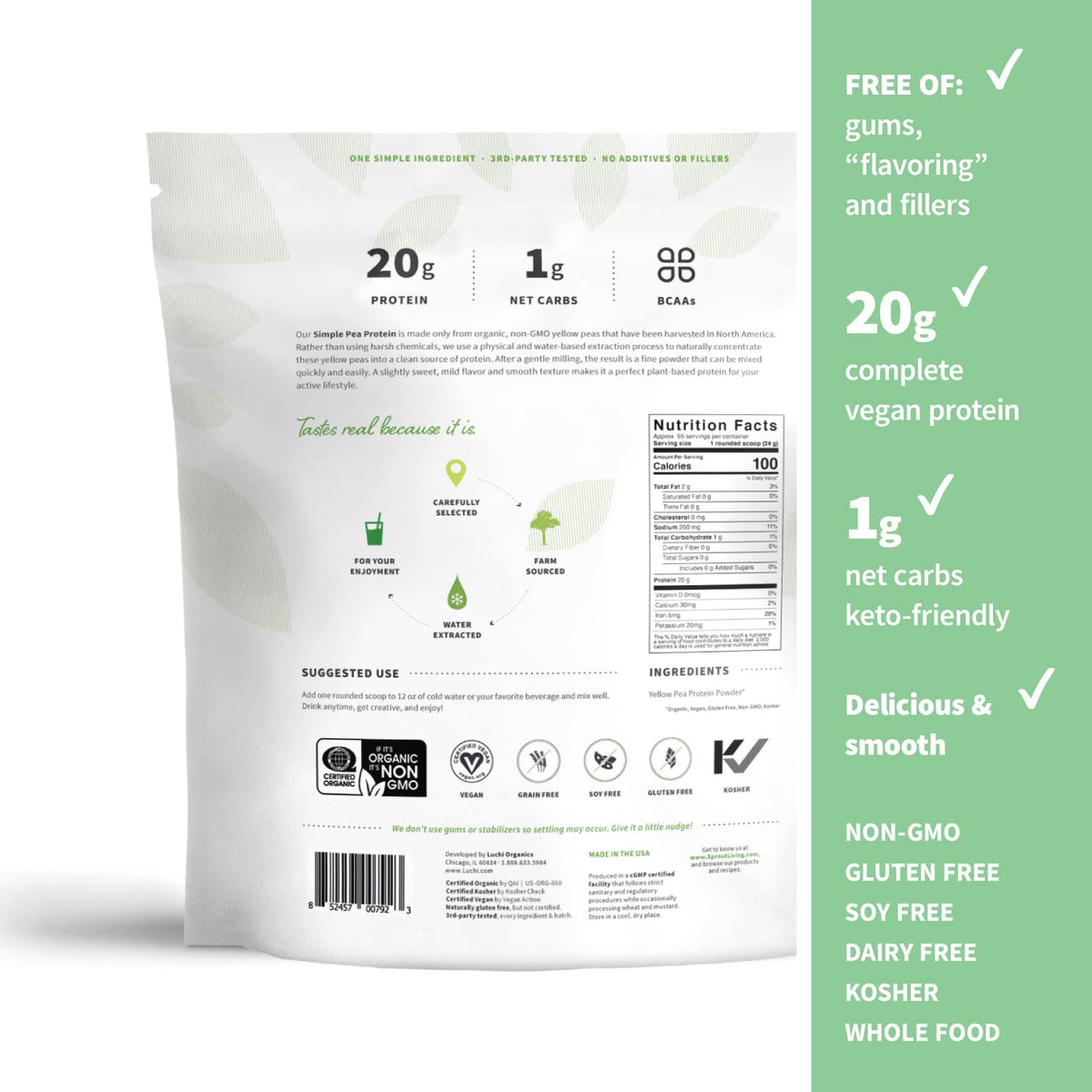 Organic Pea Protein Powder, Unflavored, 5 Pound G230