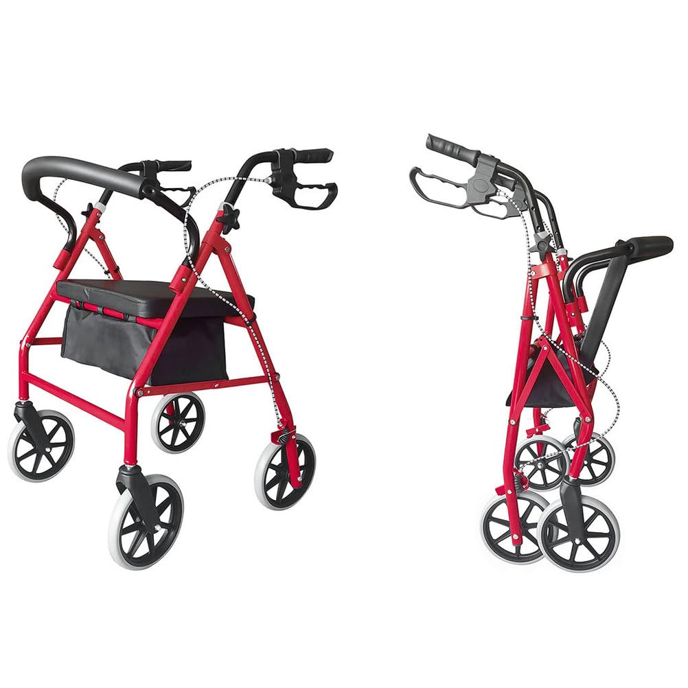 Lightweight Foldable Steel Rollator Walker with Seat, 8" Wheels, Red W261855