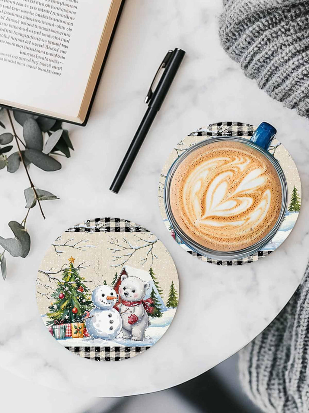 Set of 6 Christmas Coasters with Holder Absorbent Stone Ceramic E7019