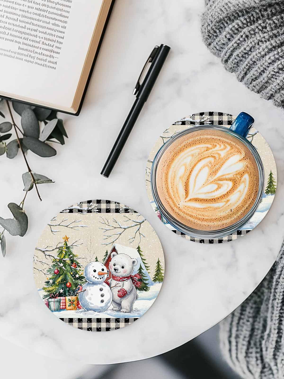 Set of 6 Christmas Coasters with Holder Absorbent Stone Ceramic E7019