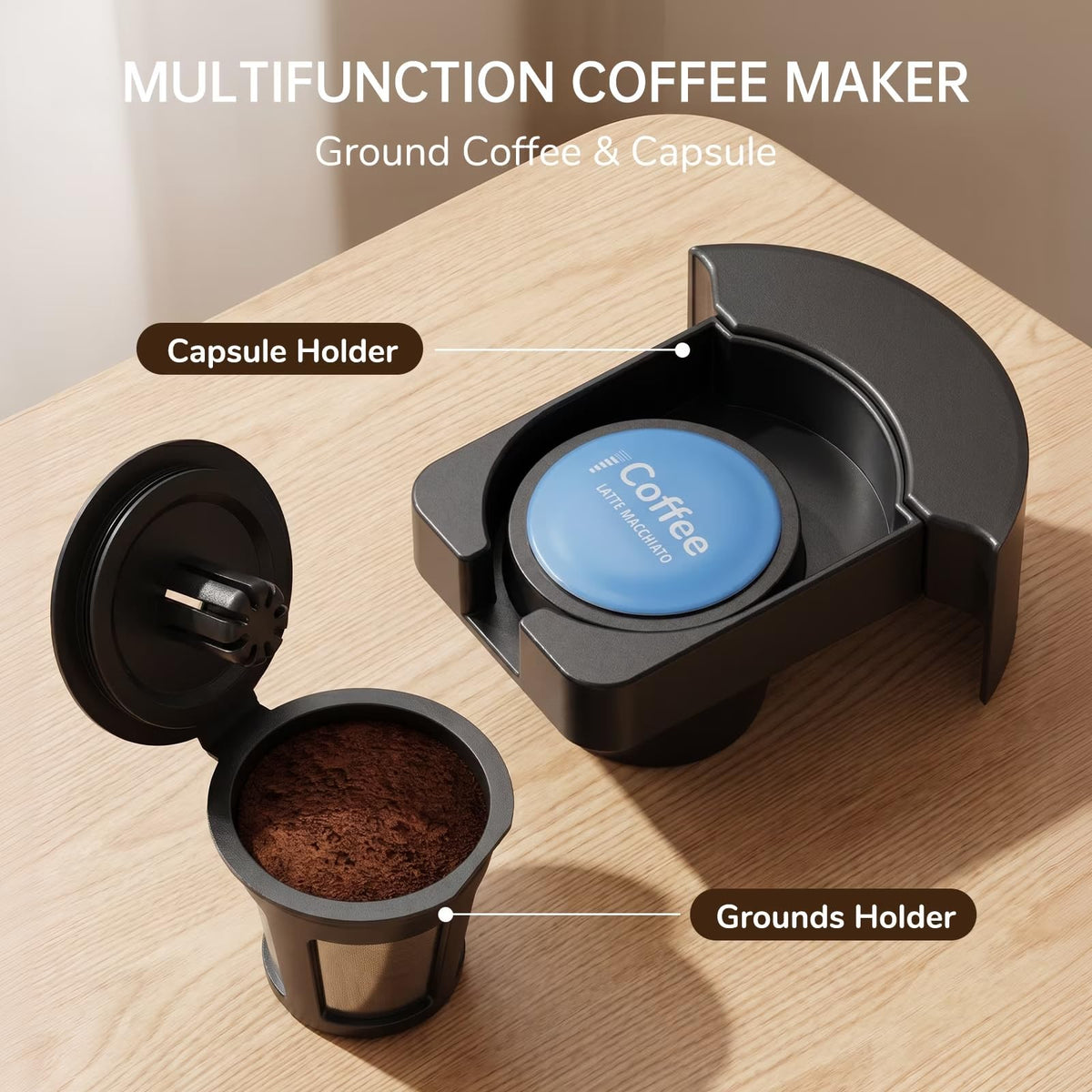 Single Serve Coffee Maker with K Cup Capsules & Grounds, Black A778318