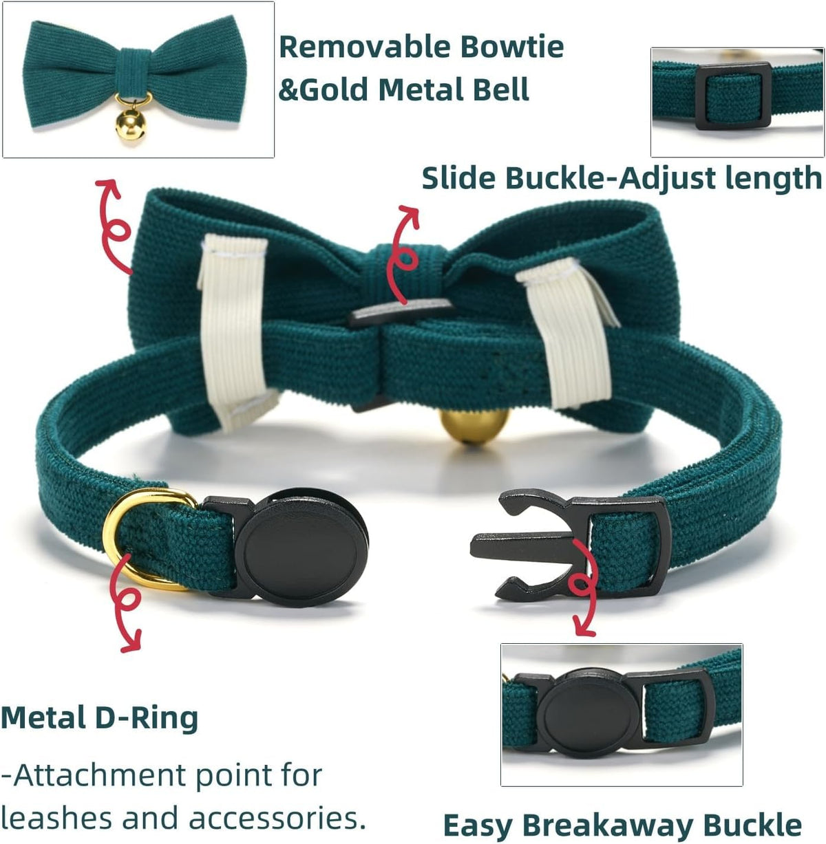 2 Pack Soft Corduroy Cat Collars with Bow Tie & Bell P8882