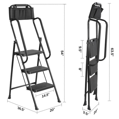 3-Step Ladder with Anti-Slip Platform, 330 lbs Capacity, Steel Frame J521