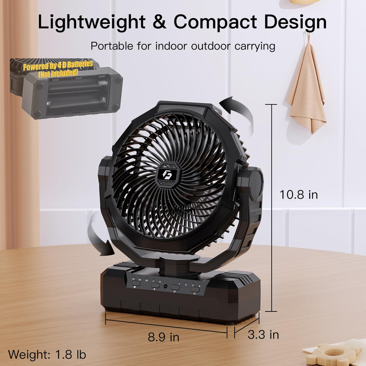 Battery Operated Portable Camping Fan with 4 Speeds, Light, Timer, Remote - Black A1527
