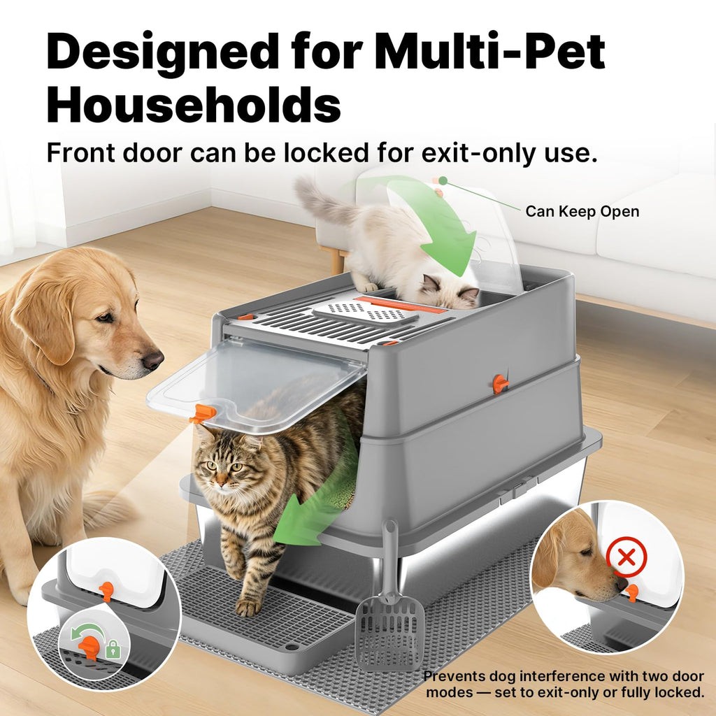 XL Stainless Steel Enclosed Cat Litter Box with Flip Lid Z1460