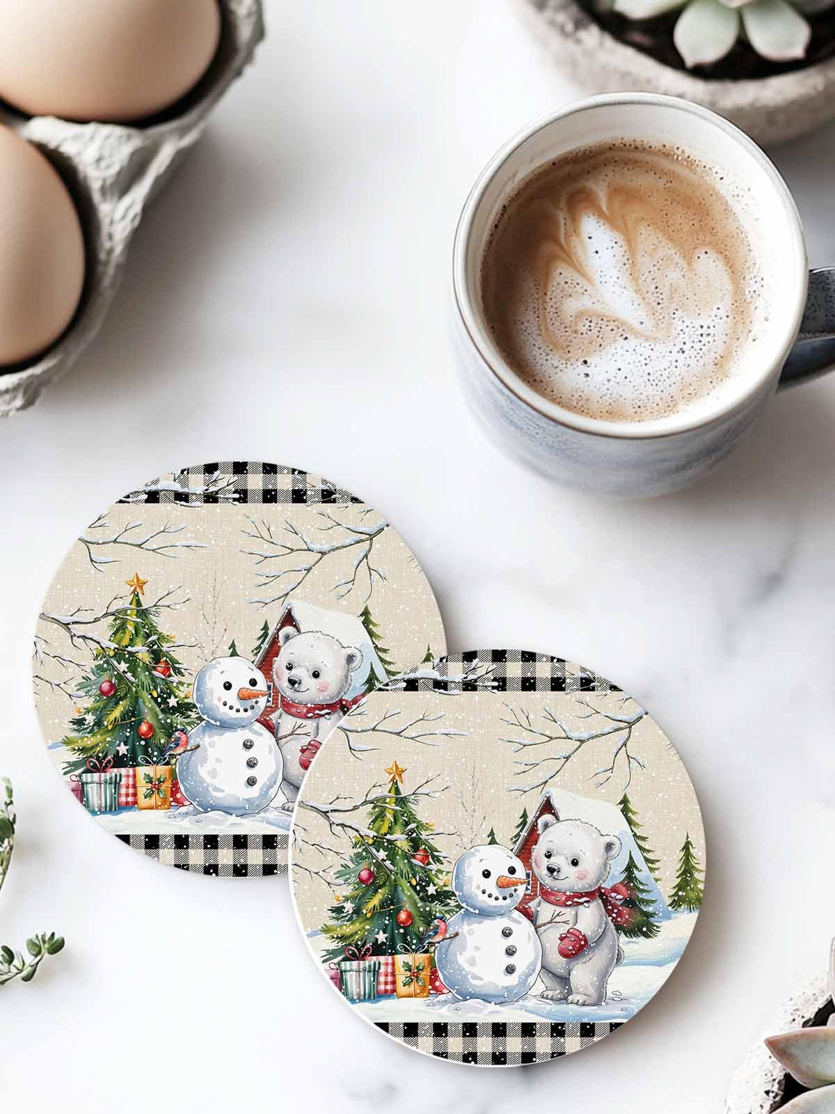 Set of 6 Christmas Coasters with Holder Absorbent Stone Ceramic E7019