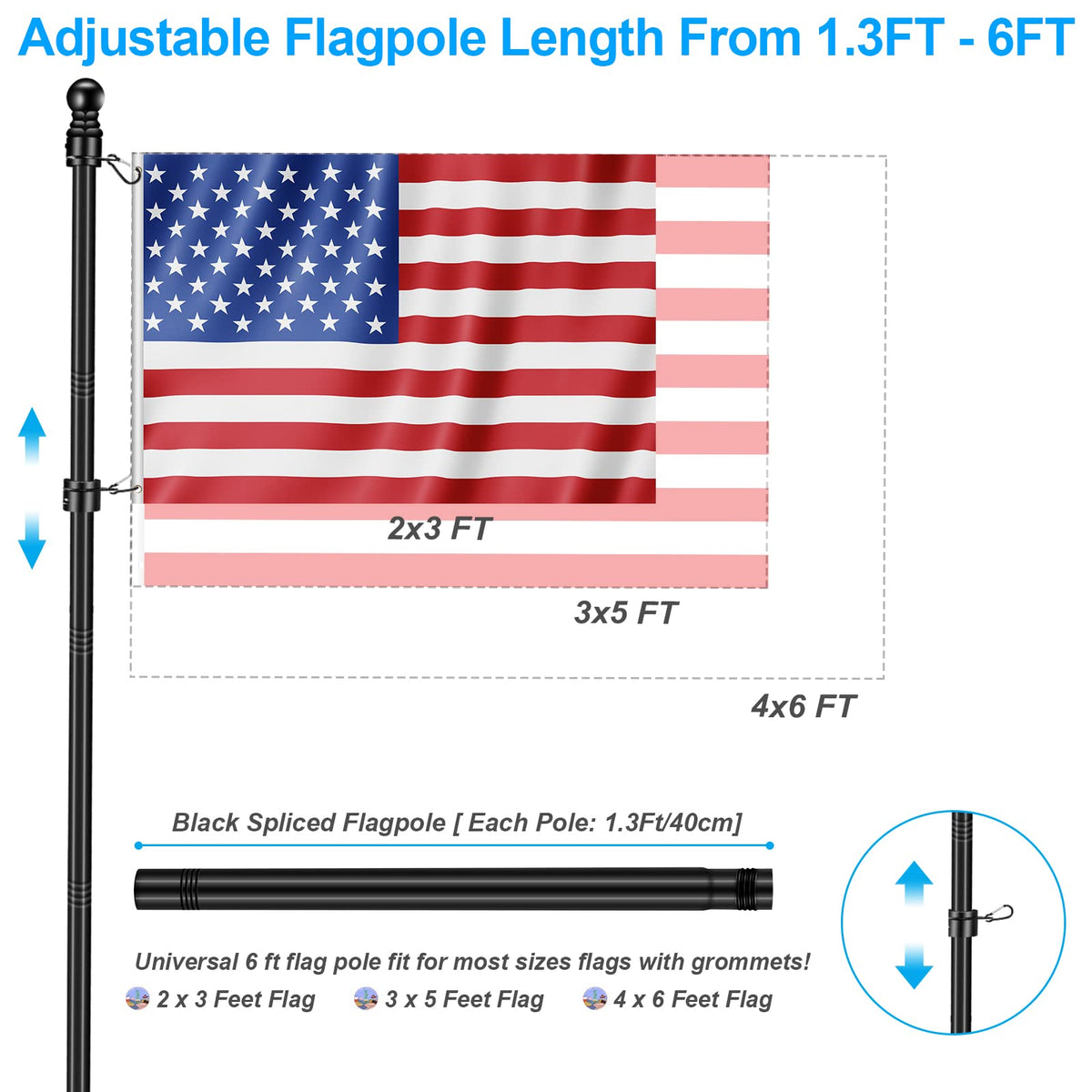 6 FT Black Metal Flagpole Kit and 1" Flag Pole Holder K758