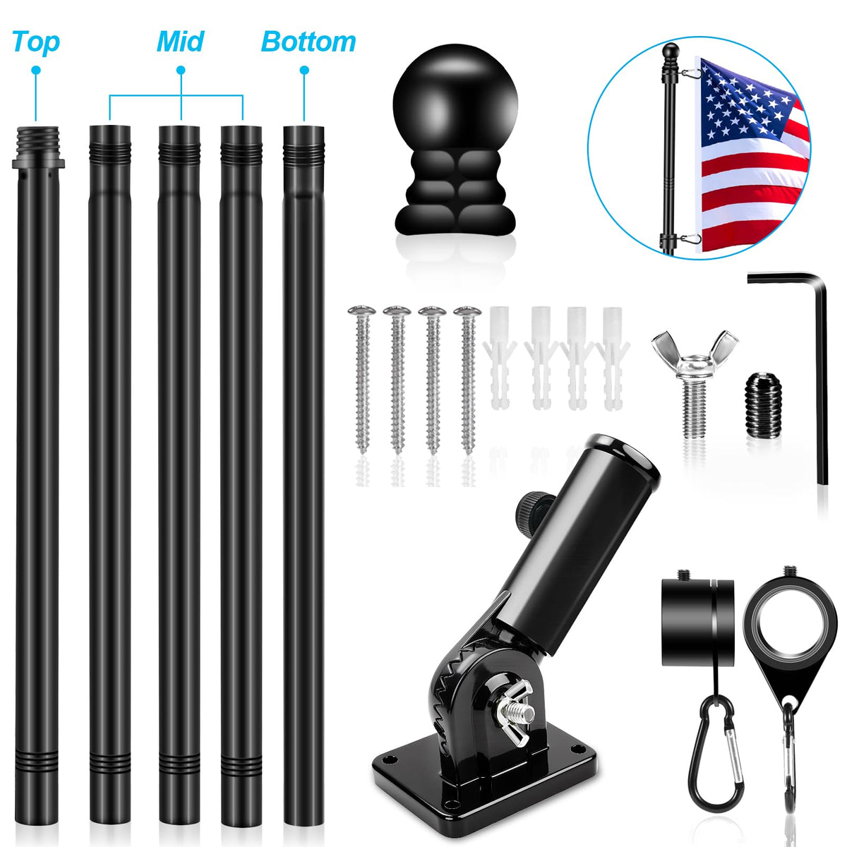 6 FT Black Metal Flagpole Kit and 1" Flag Pole Holder K758