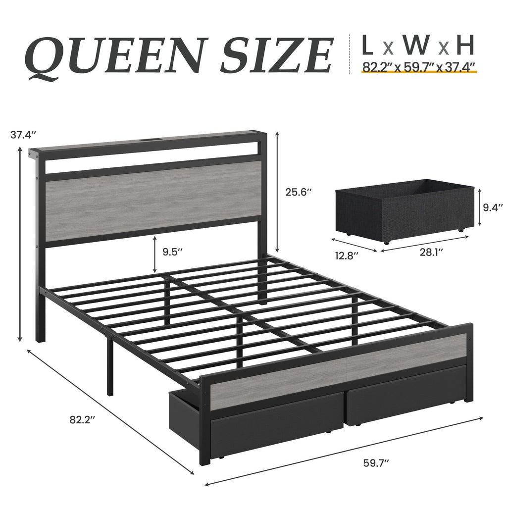 Queen Size Storage Bed Frame with Wood Headboard and LED Lights M160365