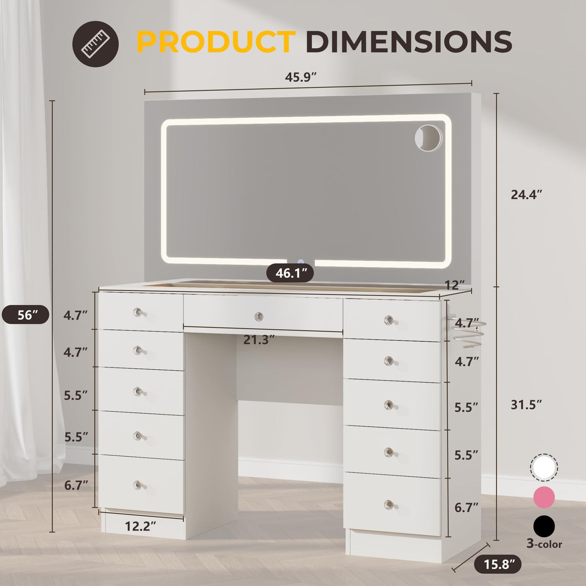 46" White Makeup Vanity Desk with Mirror and Lights J234736