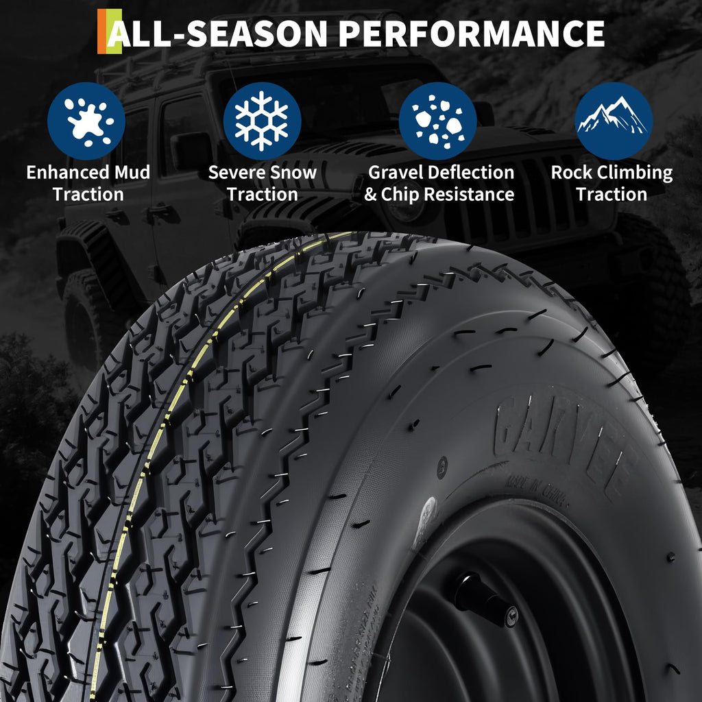 Set of 2 5.30-12 Trailer Tires with 12" Black Rims, 4 Lug on 4" Bolt Pattern, Load Range C 6PR D710522