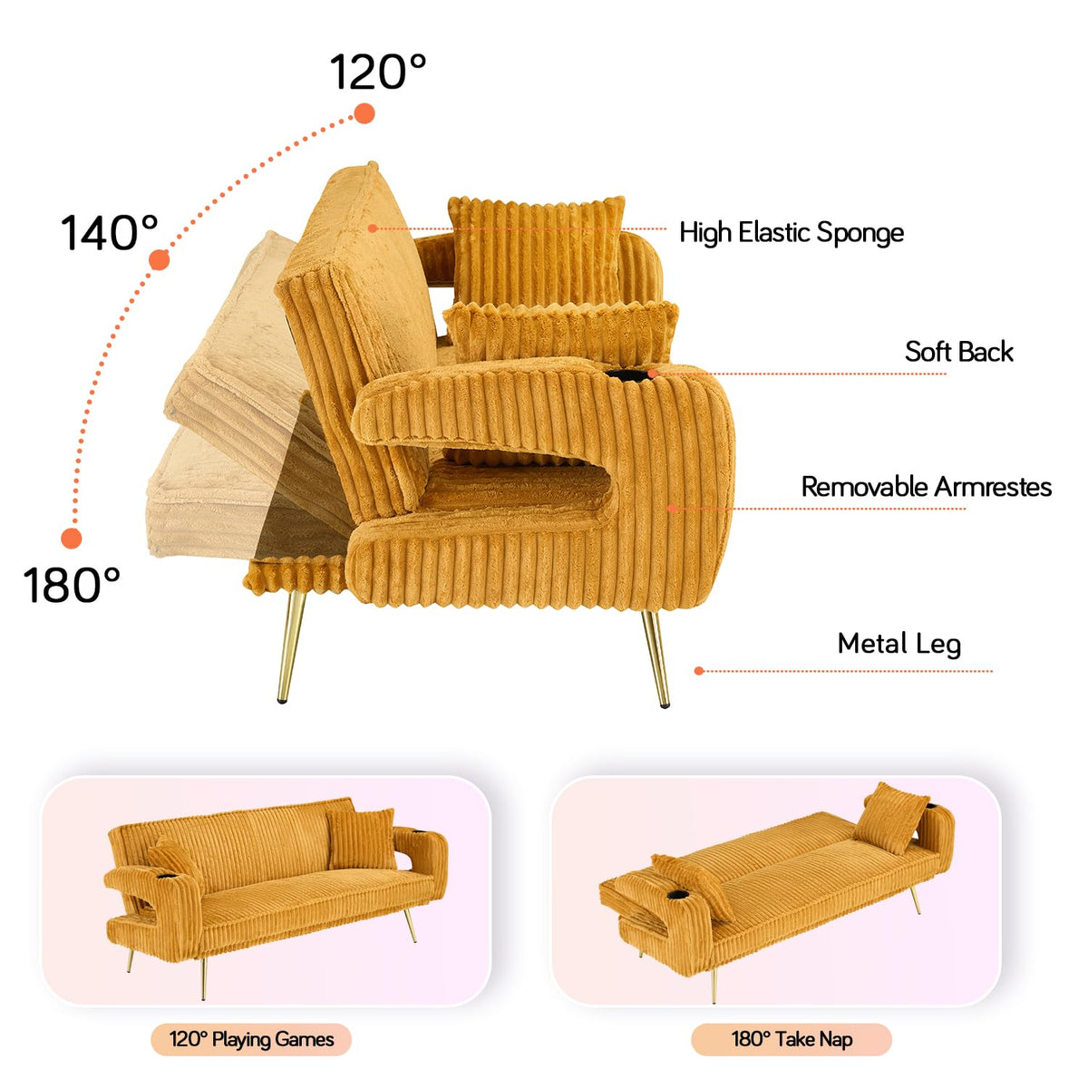 Orange Velvet Convertible Sofa Bed I736