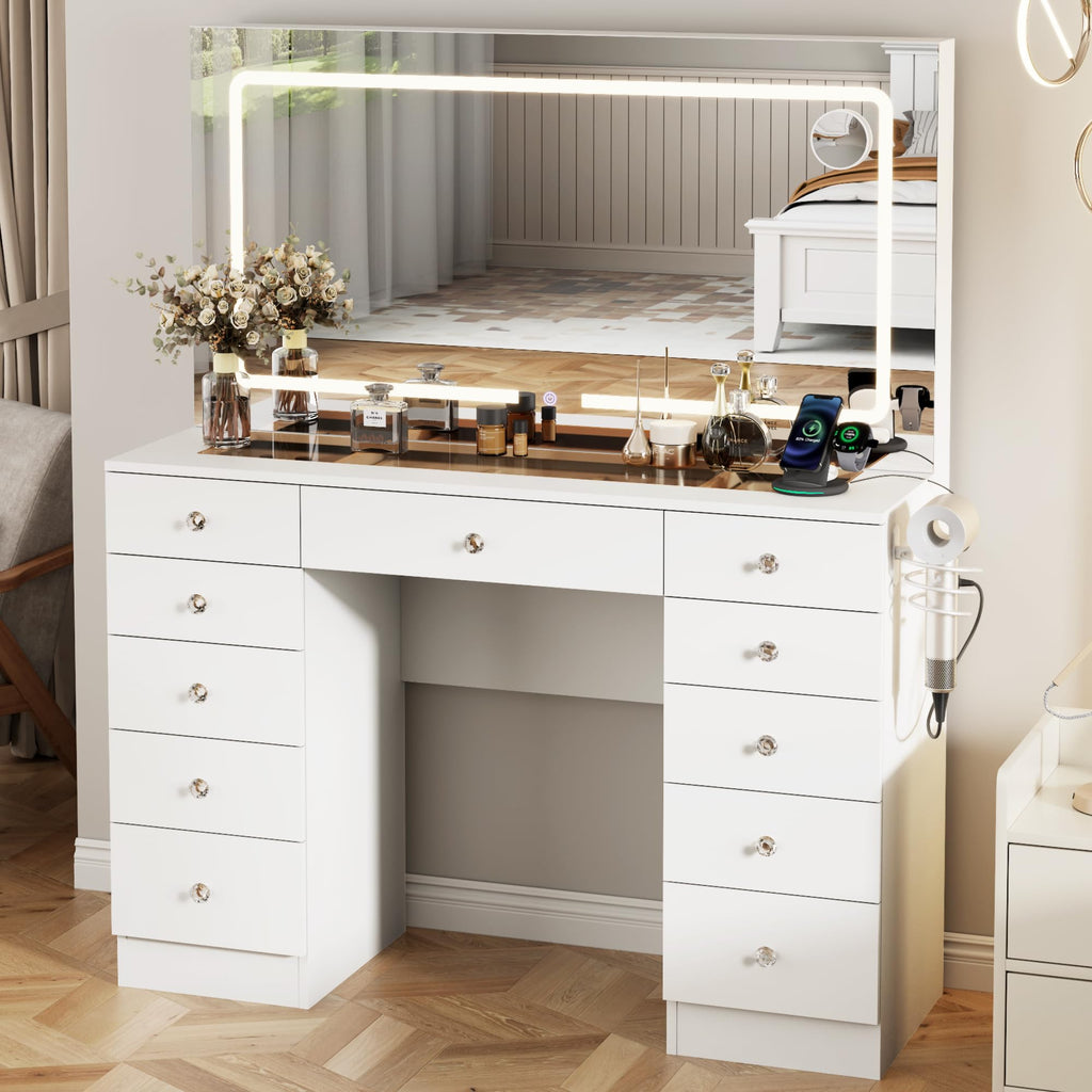 46" White Makeup Vanity Desk with Mirror and Lights J234736
