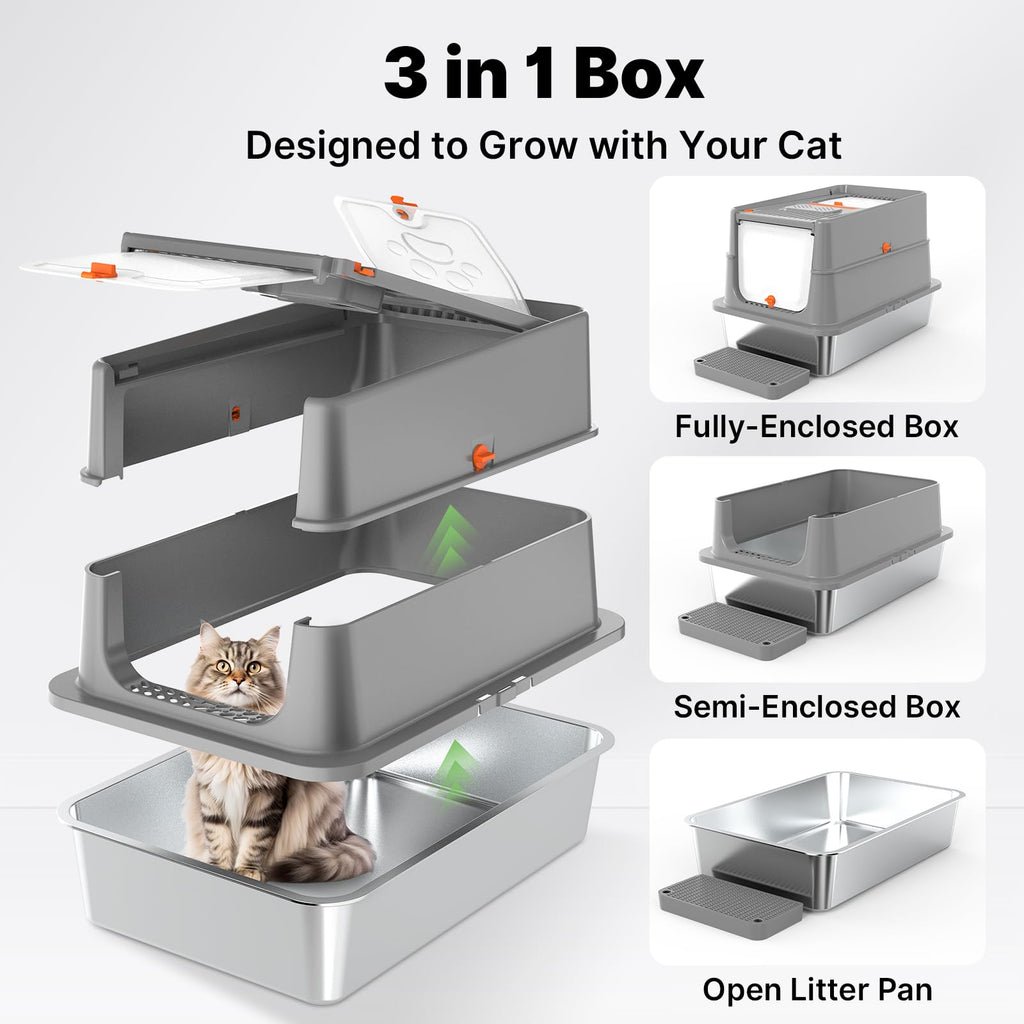XL Stainless Steel Enclosed Cat Litter Box with Flip Lid Z1460