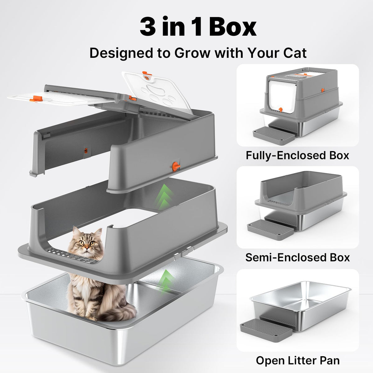 XL Stainless Steel Enclosed Cat Litter Box with Flip Lid Z1460
