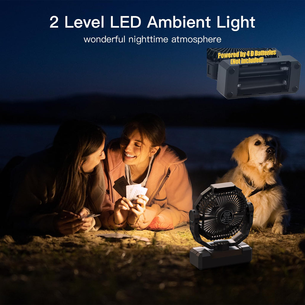 Battery Operated Portable Camping Fan with 4 Speeds, Light, Timer, Remote - Black A1527