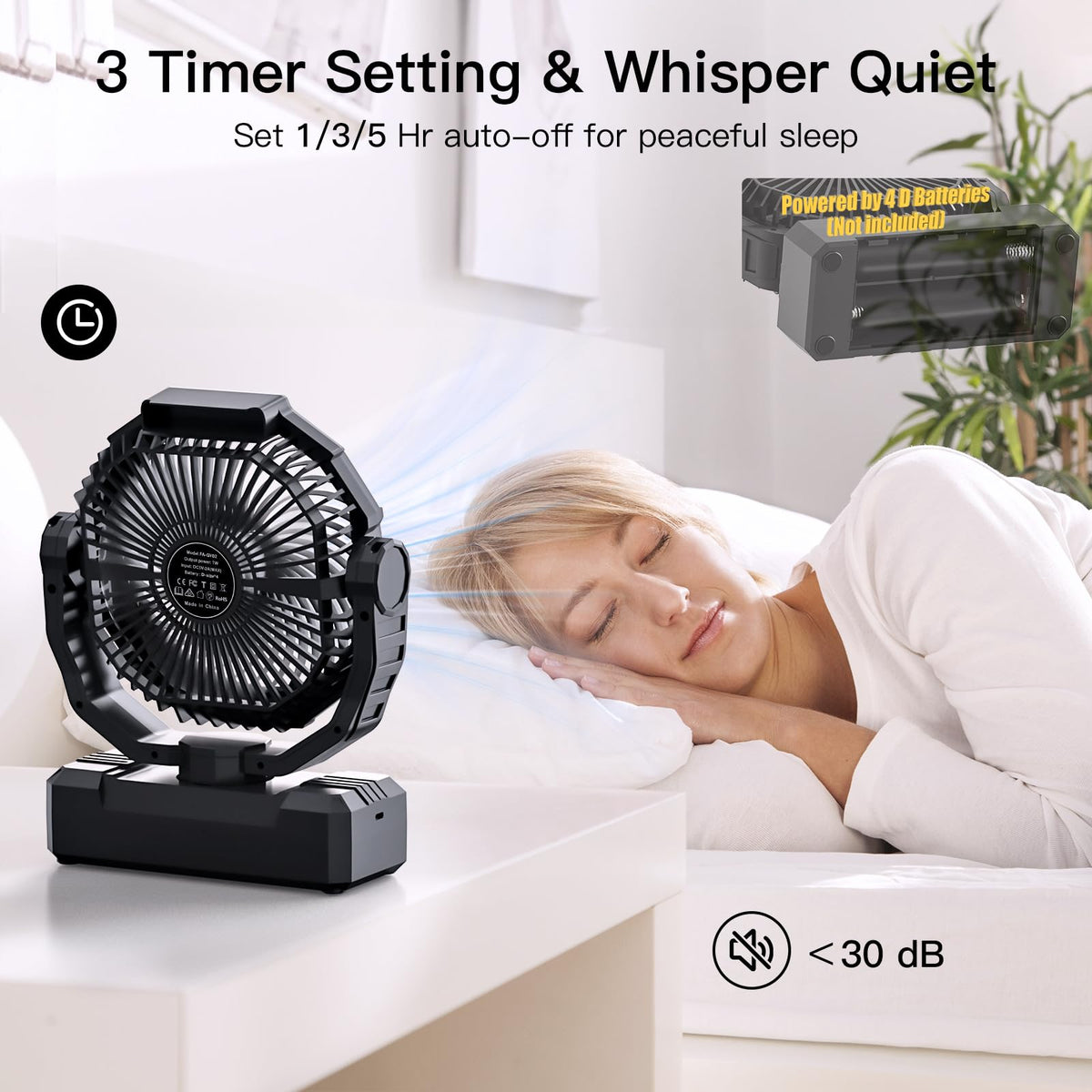 Battery Operated Portable Camping Fan with 4 Speeds, Light, Timer, Remote - Black A1527