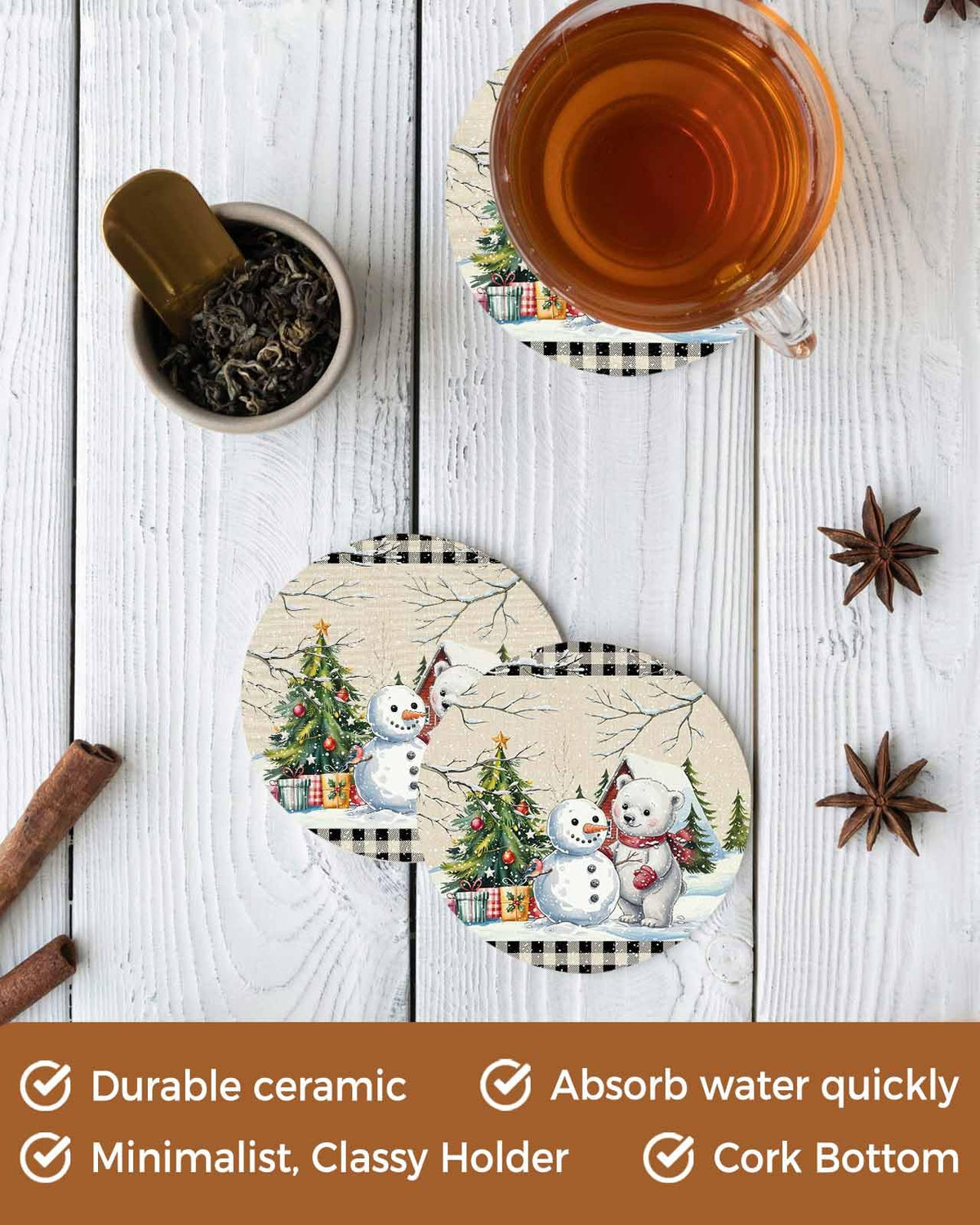 Set of 6 Christmas Coasters with Holder Absorbent Stone Ceramic E7019