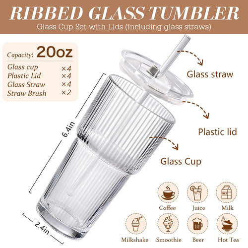 20oz Ribbed Iced Coffee Cups with Lids, 4 Pcs Glass Tumblers L81619