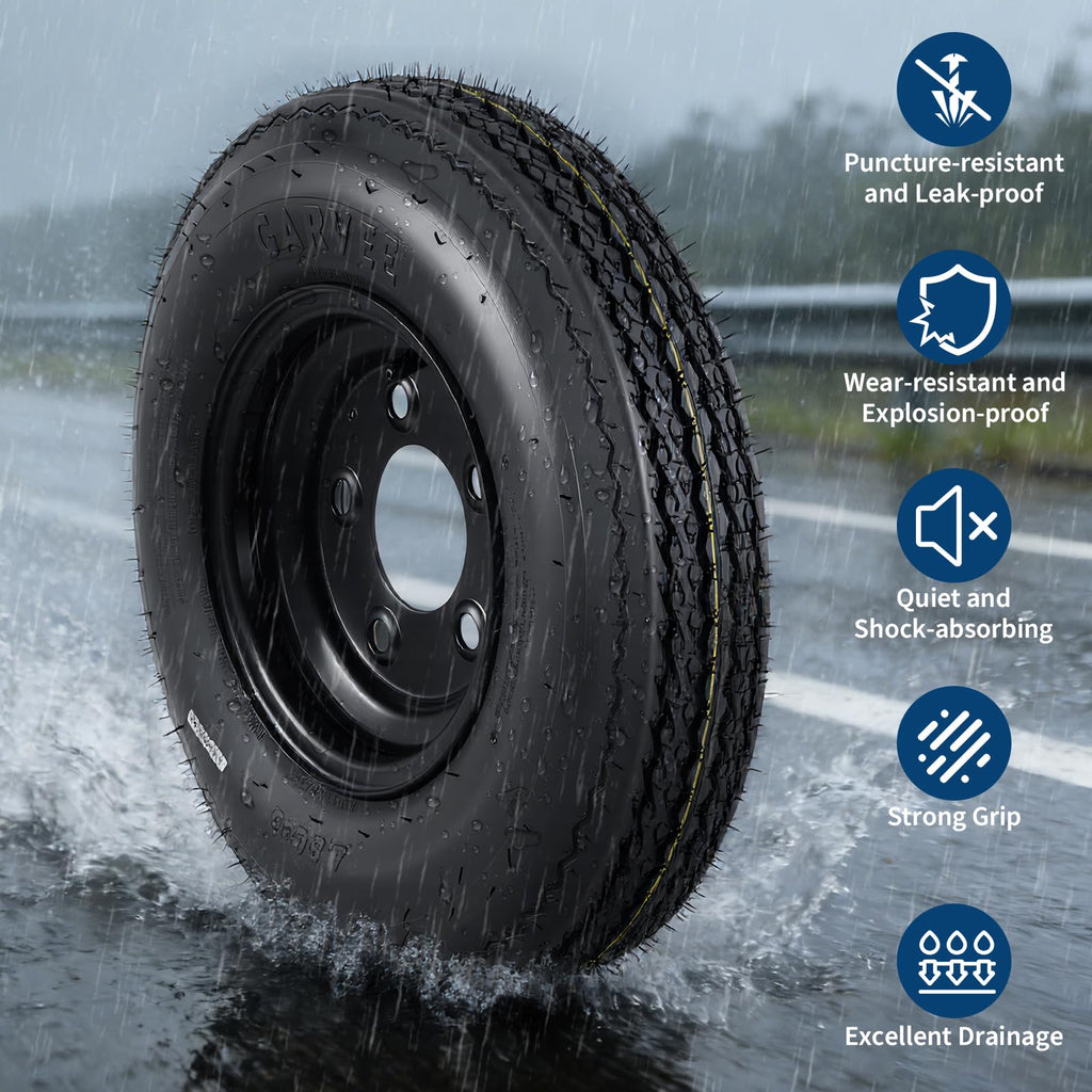 Set of 2 5.30-12 Trailer Tires with 12" Black Rims, 4 Lug on 4" Bolt Pattern, Load Range C 6PR D710522
