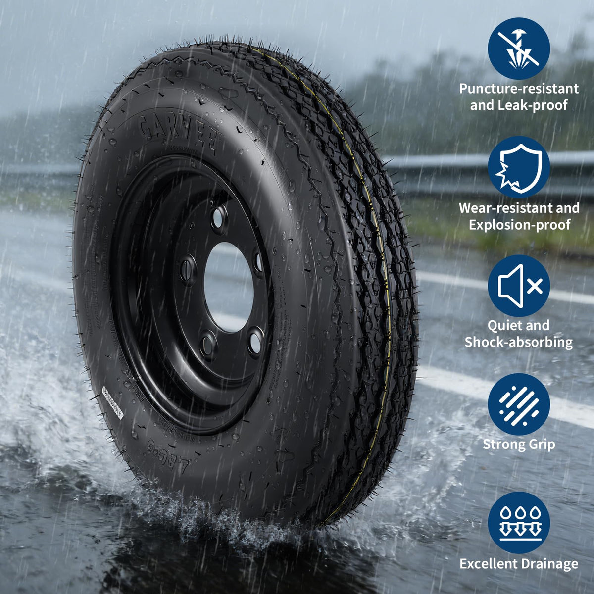 Set of 2 5.30-12 Trailer Tires with 12" Black Rims, 4 Lug on 4" Bolt Pattern, Load Range C 6PR D710522