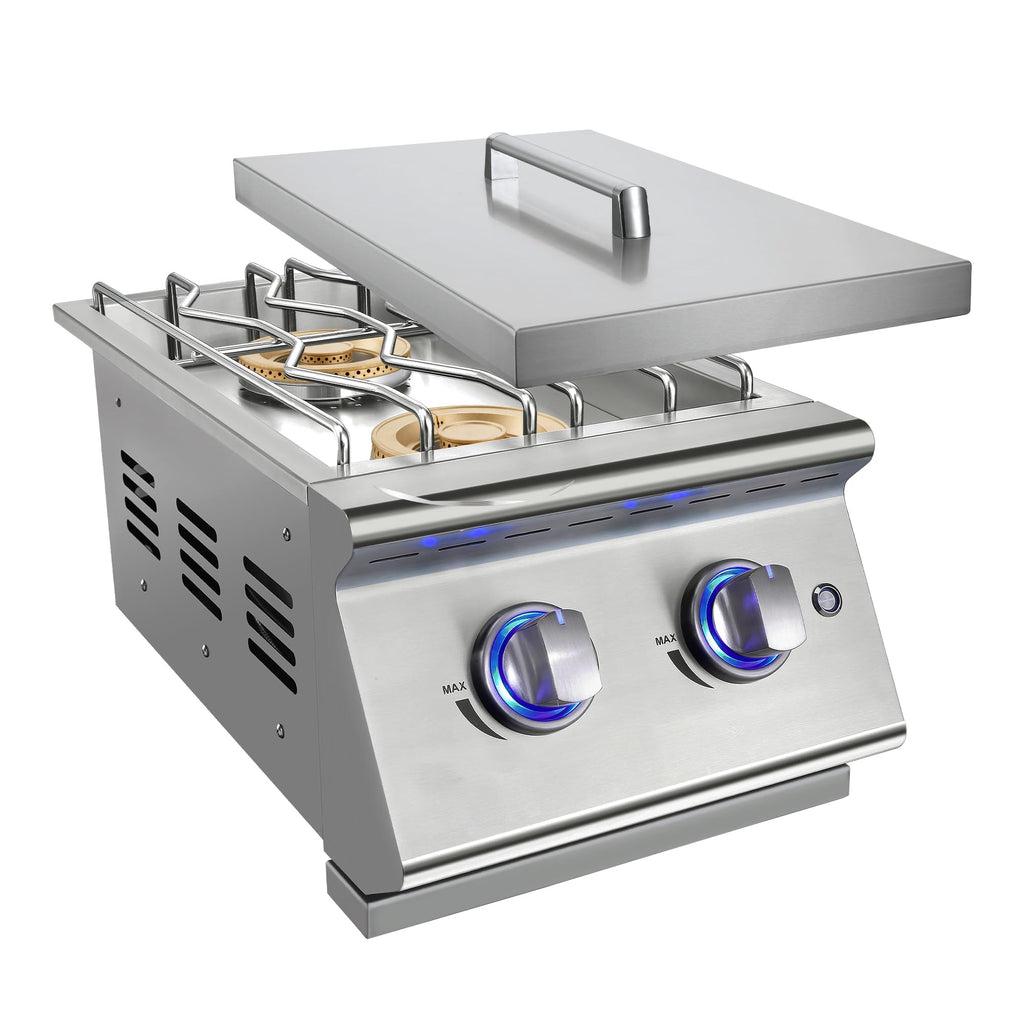 Double Grilling Side Burners, 2 * 17,000BTU, Convertible to Liquid Propane, 304 Stainless Steel Q9658