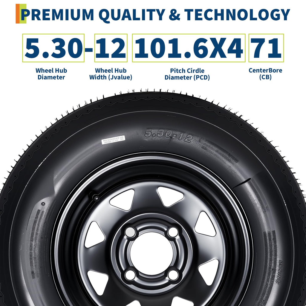 Set of 2 5.30-12 Trailer Tires with 12" Black Rims, 4 Lug on 4" Bolt Pattern, Load Range C 6PR D710522