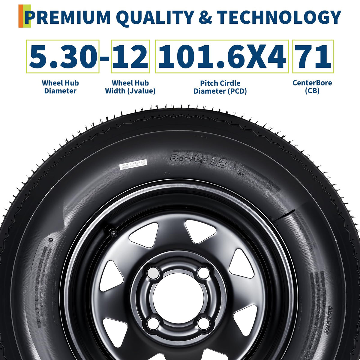Set of 2 5.30-12 Trailer Tires with 12" Black Rims, 4 Lug on 4" Bolt Pattern, Load Range C 6PR D710522
