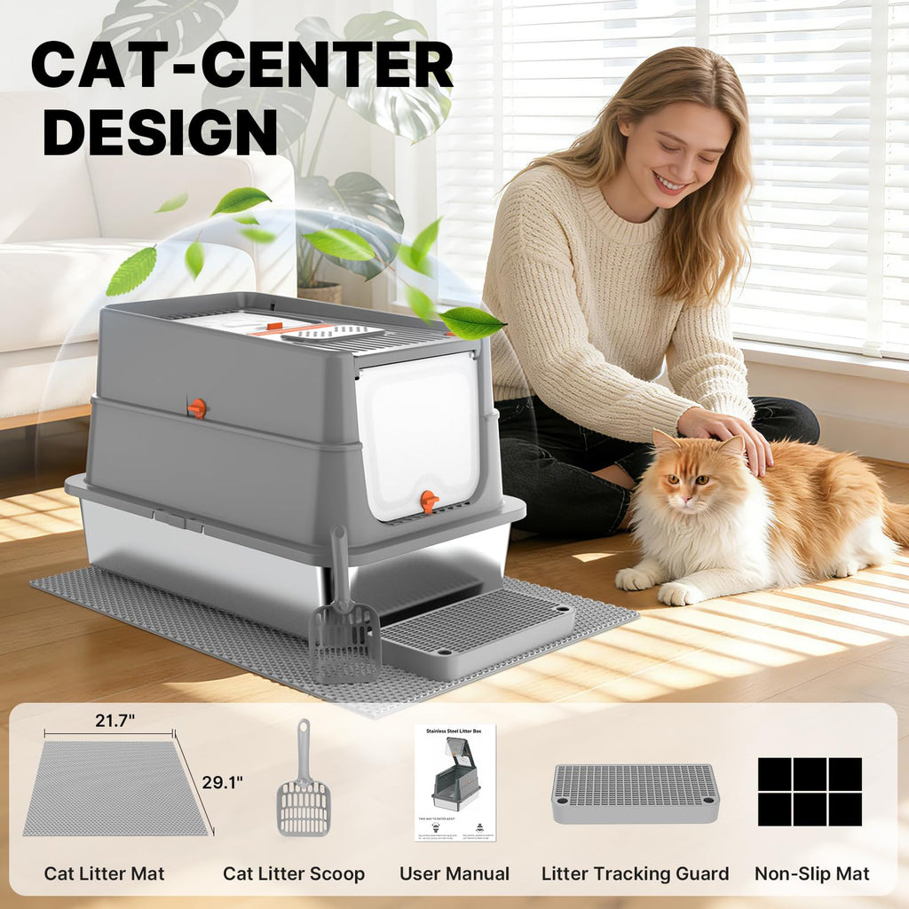XL Stainless Steel Enclosed Cat Litter Box with Flip Lid Z1460