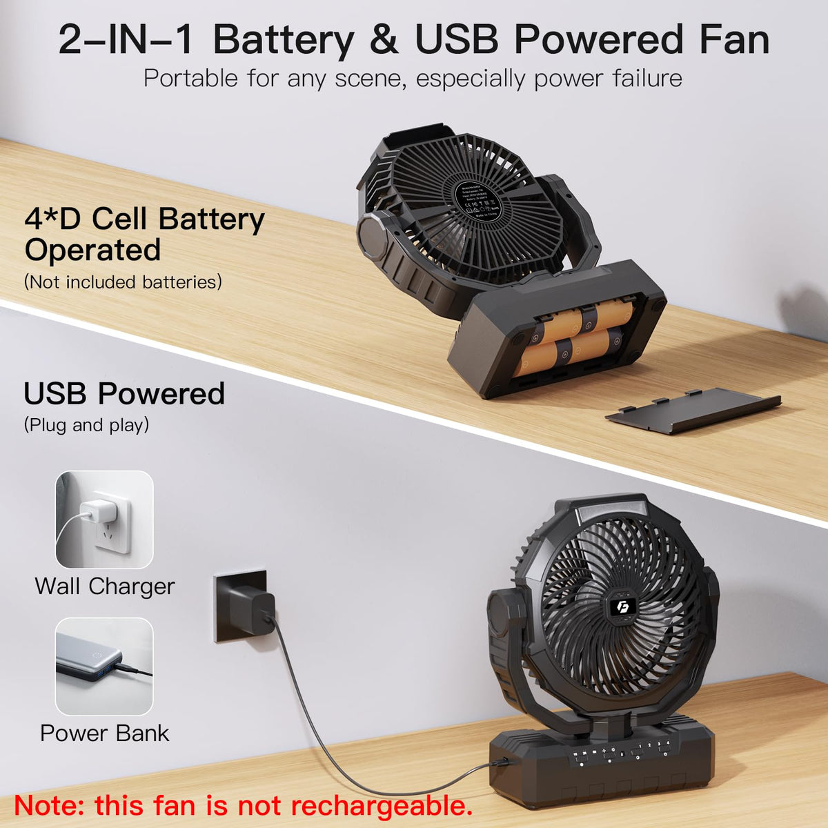 Battery Operated Portable Camping Fan with 4 Speeds, Light, Timer, Remote - Black A1527