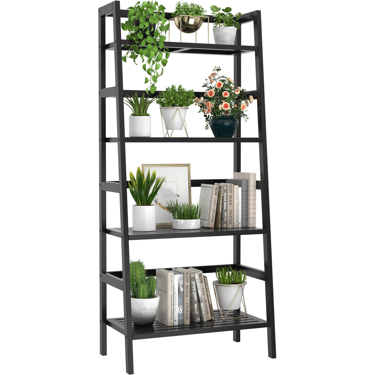 Black 4-Tier Bamboo Ladder Shelf G51804