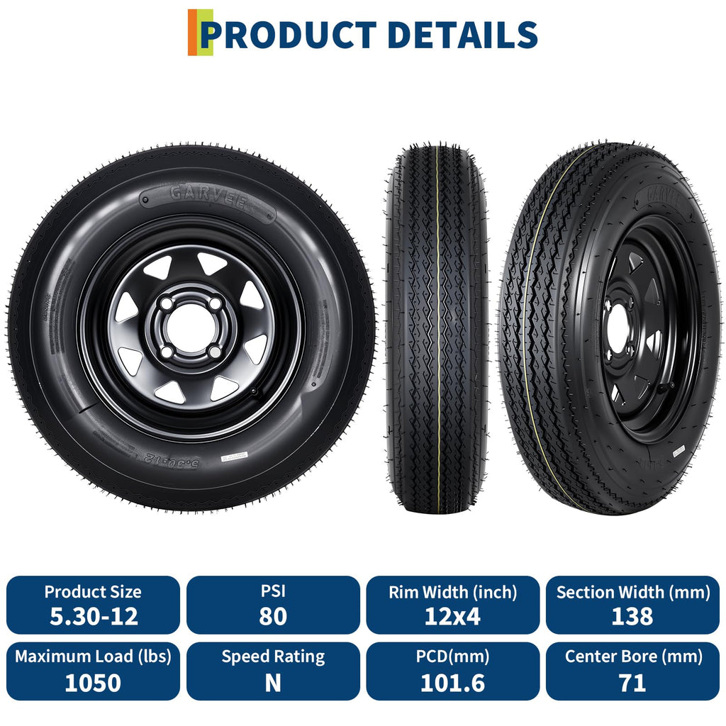 Set of 2 5.30-12 Trailer Tires with 12" Black Rims, 4 Lug on 4" Bolt Pattern, Load Range C 6PR D710522