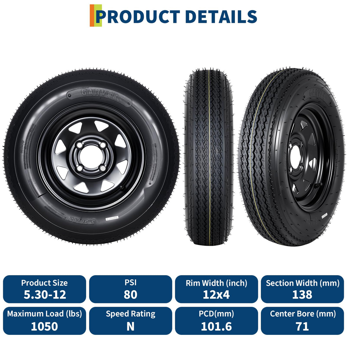 Set of 2 5.30-12 Trailer Tires with 12" Black Rims, 4 Lug on 4" Bolt Pattern, Load Range C 6PR D710522