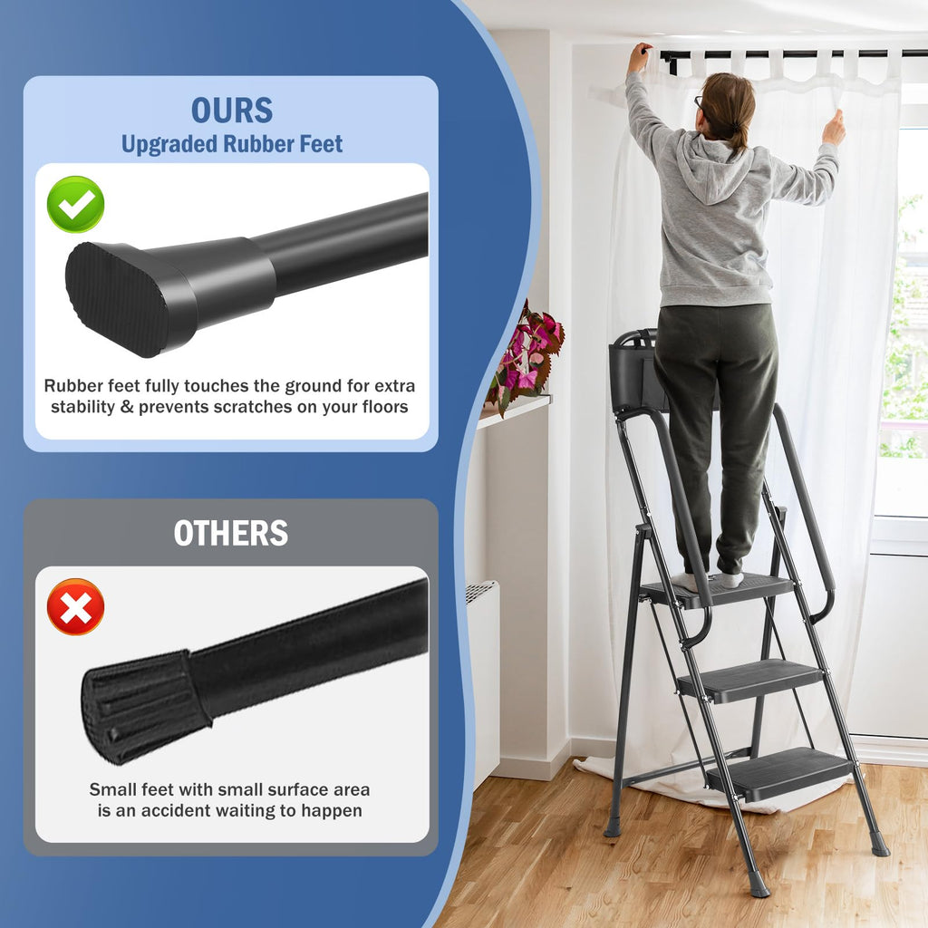 3-Step Ladder with Anti-Slip Platform, 330 lbs Capacity, Steel Frame J521