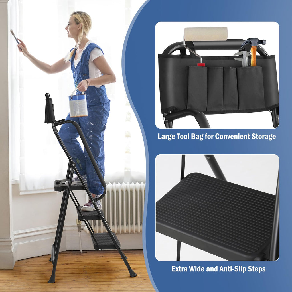 3-Step Ladder with Anti-Slip Platform, 330 lbs Capacity, Steel Frame J521