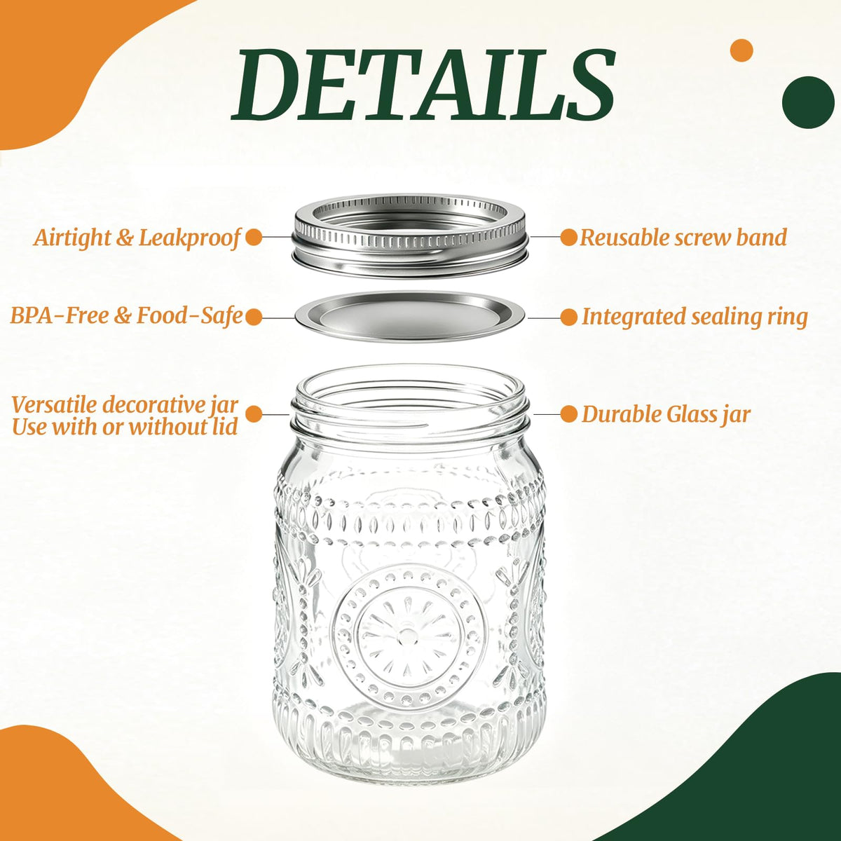 6-Pack Glass Mason Jars 16 oz Wide Mouth Canning Jars H75007