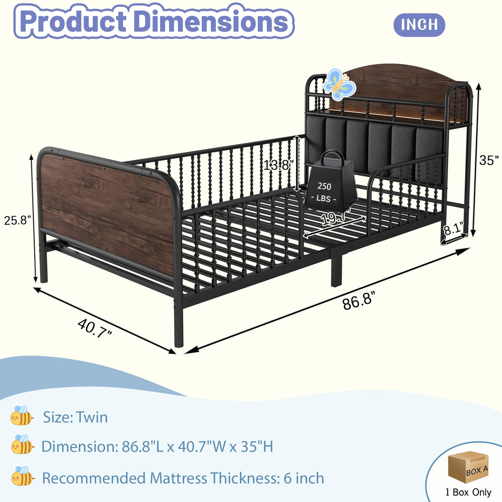 Black Metal Twin Bed Frame with Storage and Upholstered Headboard I901
