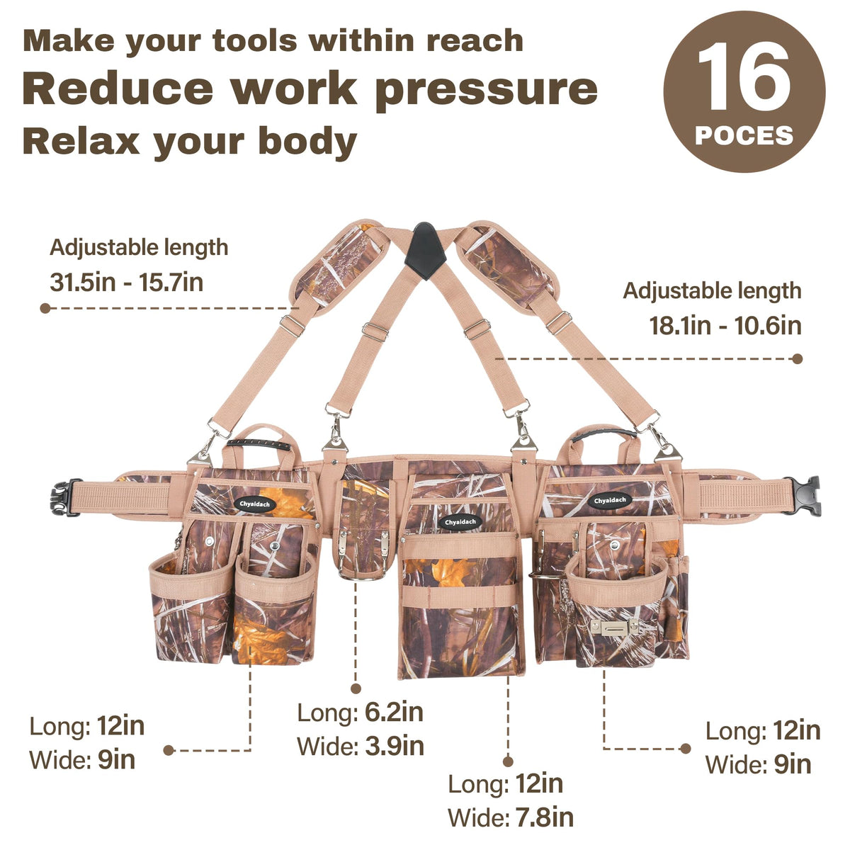 7-Piece Tool Belt Rig with 16 Pockets and Dual Hammer Loops Z9625