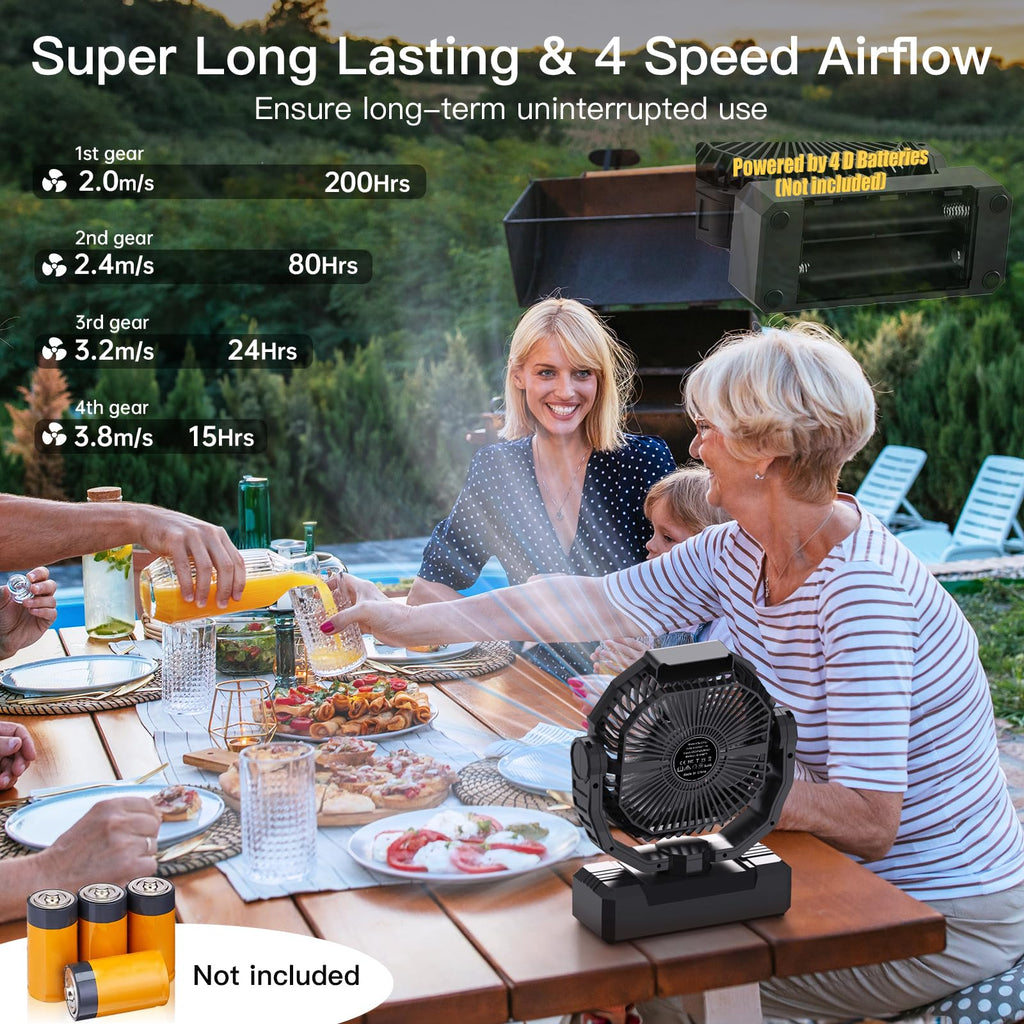 Battery Operated Portable Camping Fan with 4 Speeds, Light, Timer, Remote - Black A1527