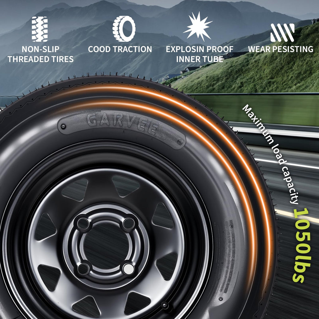 Set of 2 5.30-12 Trailer Tires with 12" Black Rims, 4 Lug on 4" Bolt Pattern, Load Range C 6PR D710522