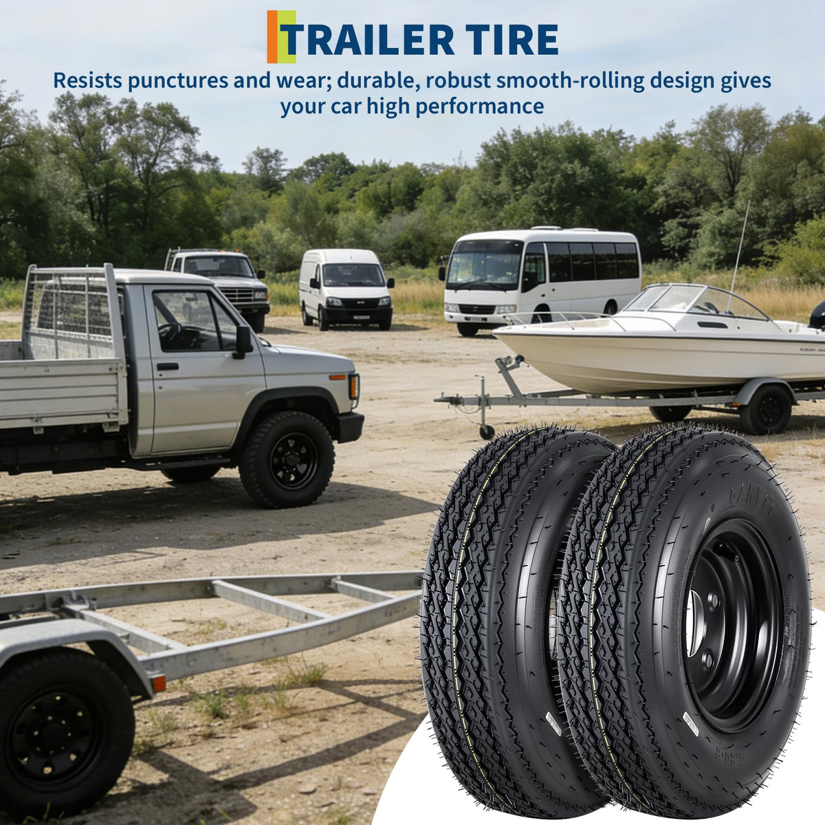 Set of 2 5.30-12 Trailer Tires with 12" Black Rims, 4 Lug on 4" Bolt Pattern, Load Range C 6PR D710522