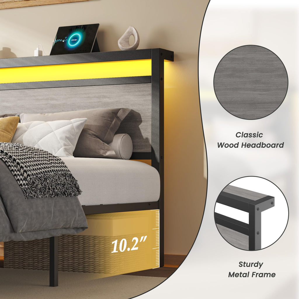 Queen Size Storage Bed Frame with Wood Headboard and LED Lights M160365
