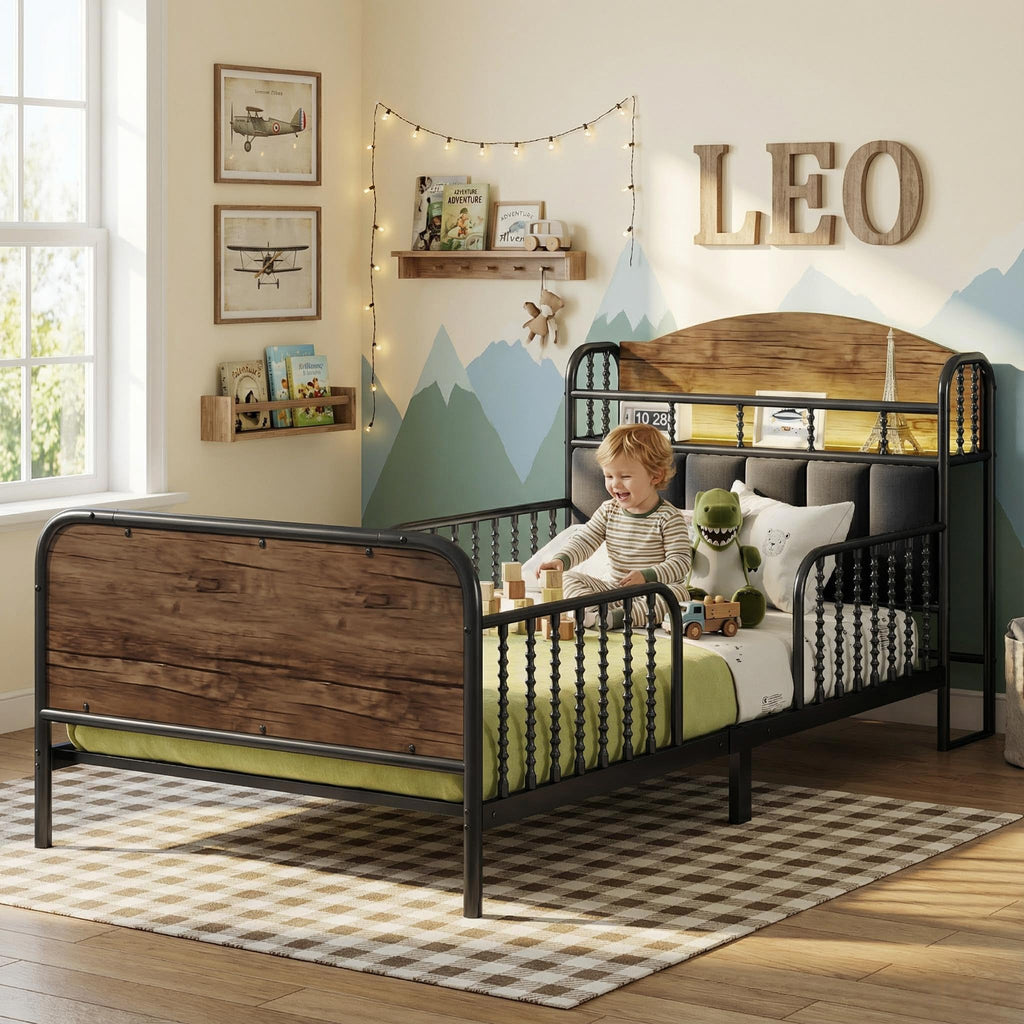 Black Metal Twin Bed Frame with Storage and Upholstered Headboard I901