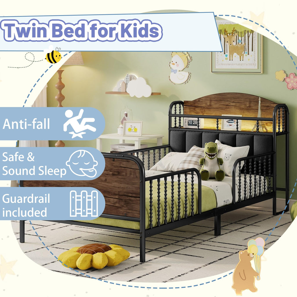 Black Metal Twin Bed Frame with Storage and Upholstered Headboard I901