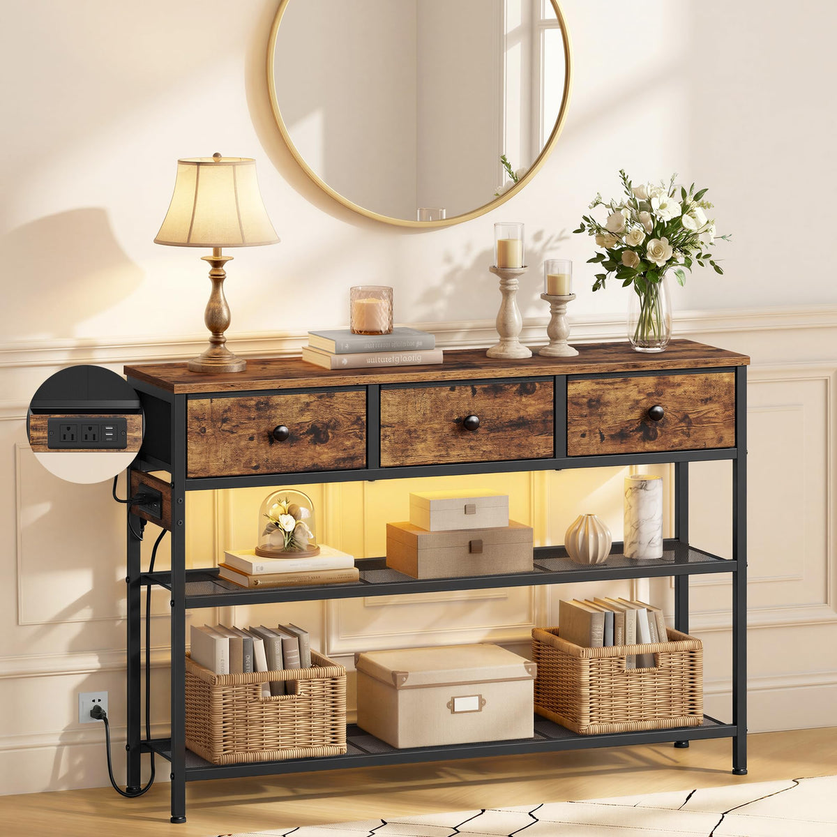 Console Table with Power Outlets and LED Lights E197839