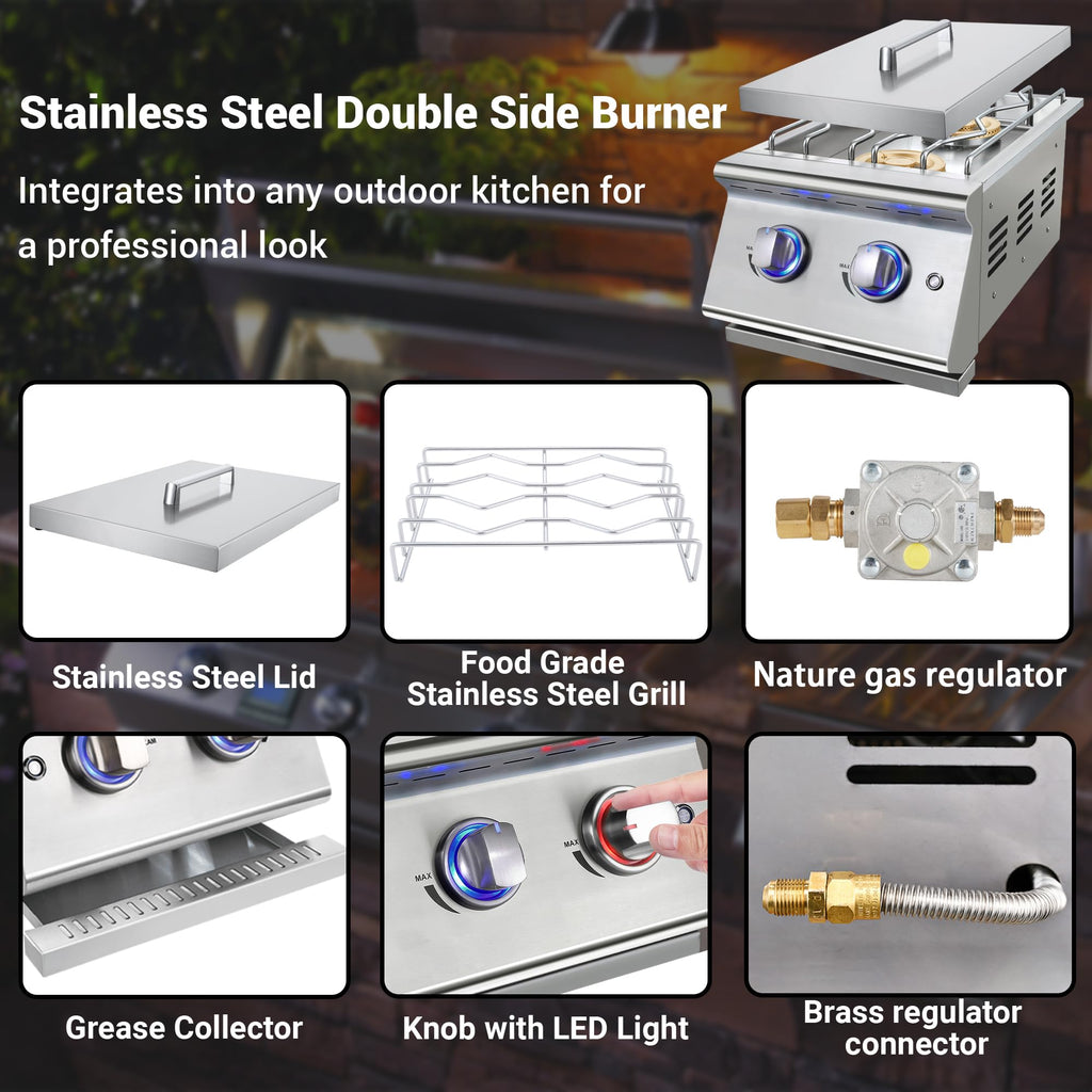 Double Grilling Side Burners, 2 * 17,000BTU, Convertible to Liquid Propane, 304 Stainless Steel Q9658
